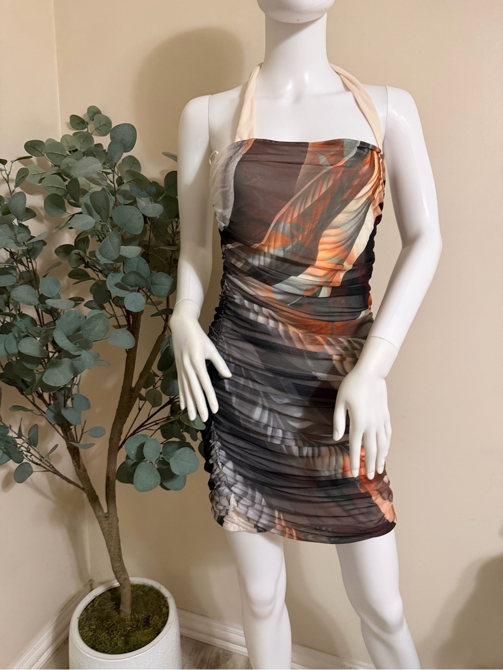 AFRM Ruched Halter Mini Dress in Brown, Cream & Orange Abstract Print